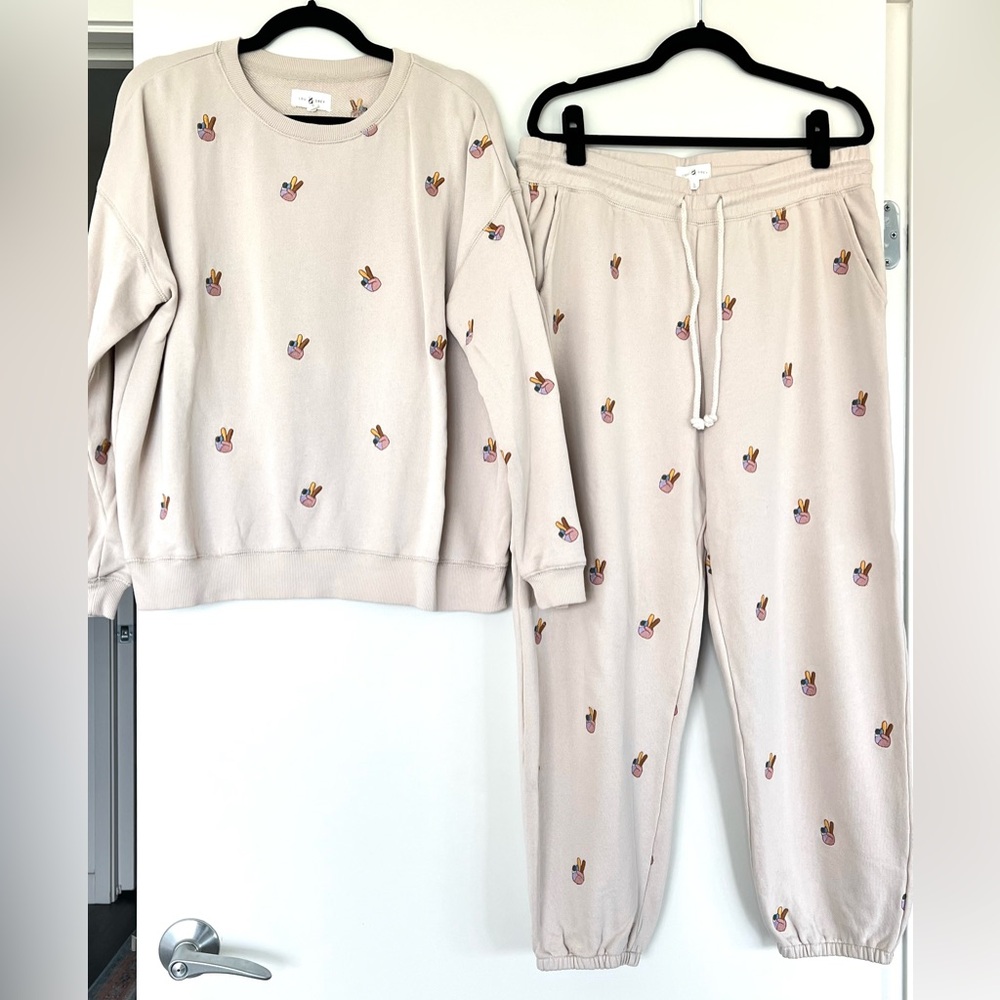 Lou & Grey Cotton Beige Embroidered Peace Sign Matching Sweatshirt and Pant Set